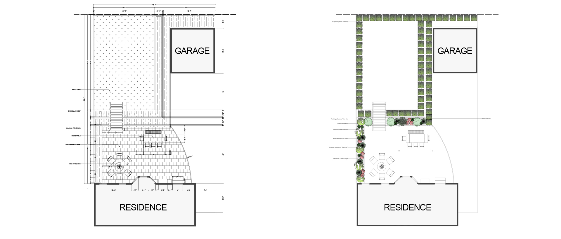 Architectural layout plans of a backyard design with detailed planting and hardscape areas adjacent to a residence and garage
